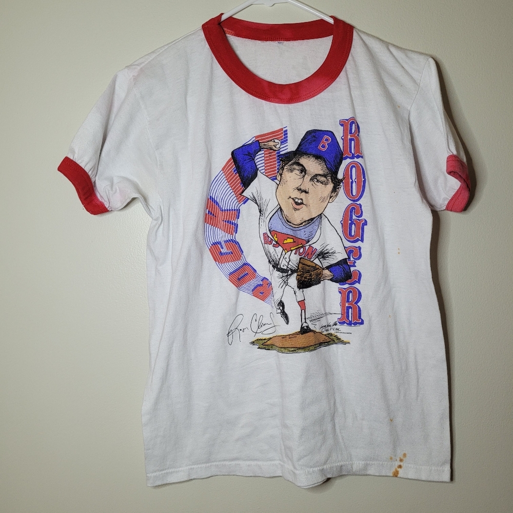 Vtg 1986 Salem Sportswear Rocket Roger Clemens Boston Red Sox Ringer Shirt READ